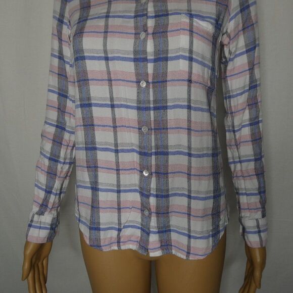 Soft Joie Annabella Button Down Plaid Shirt Top Blouse Long Tab Sleeve XS - Picture 4 of 11
